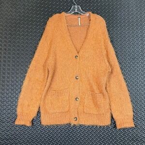Free People Women's Orange Fuzzy‎ Knit Cardigan Sweater Pockets Oversized XS